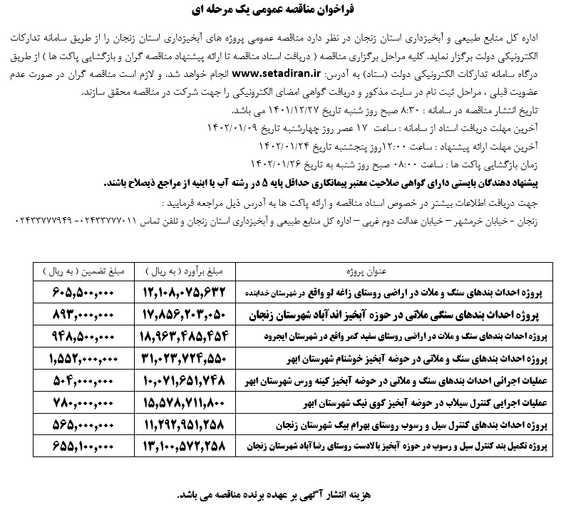 فراخوان مناقصه عمومی یک مرحله ای پروژه های آبخیزداری